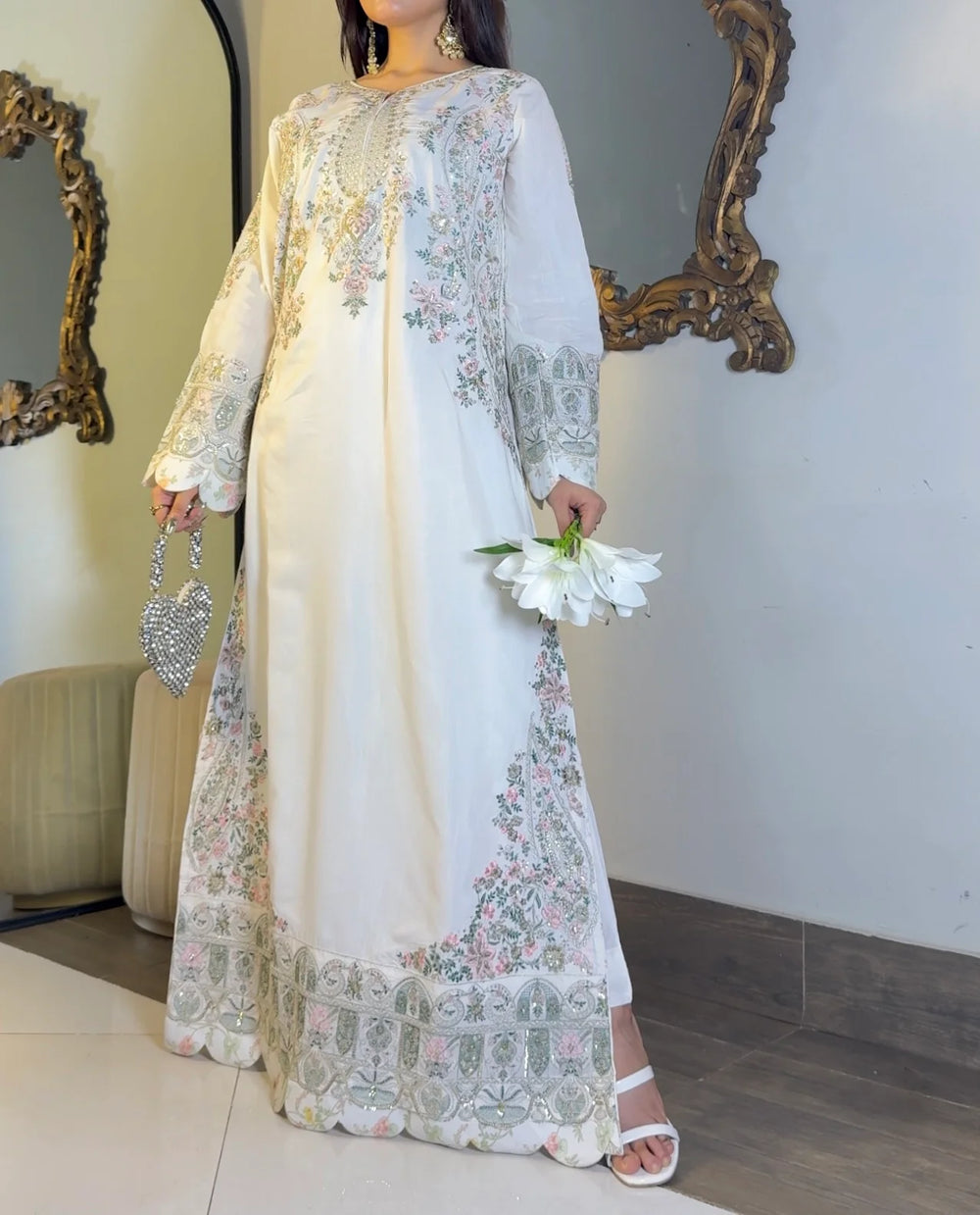 Ivory embroidered kaftan with floral embroidery and scalloped hem, front view