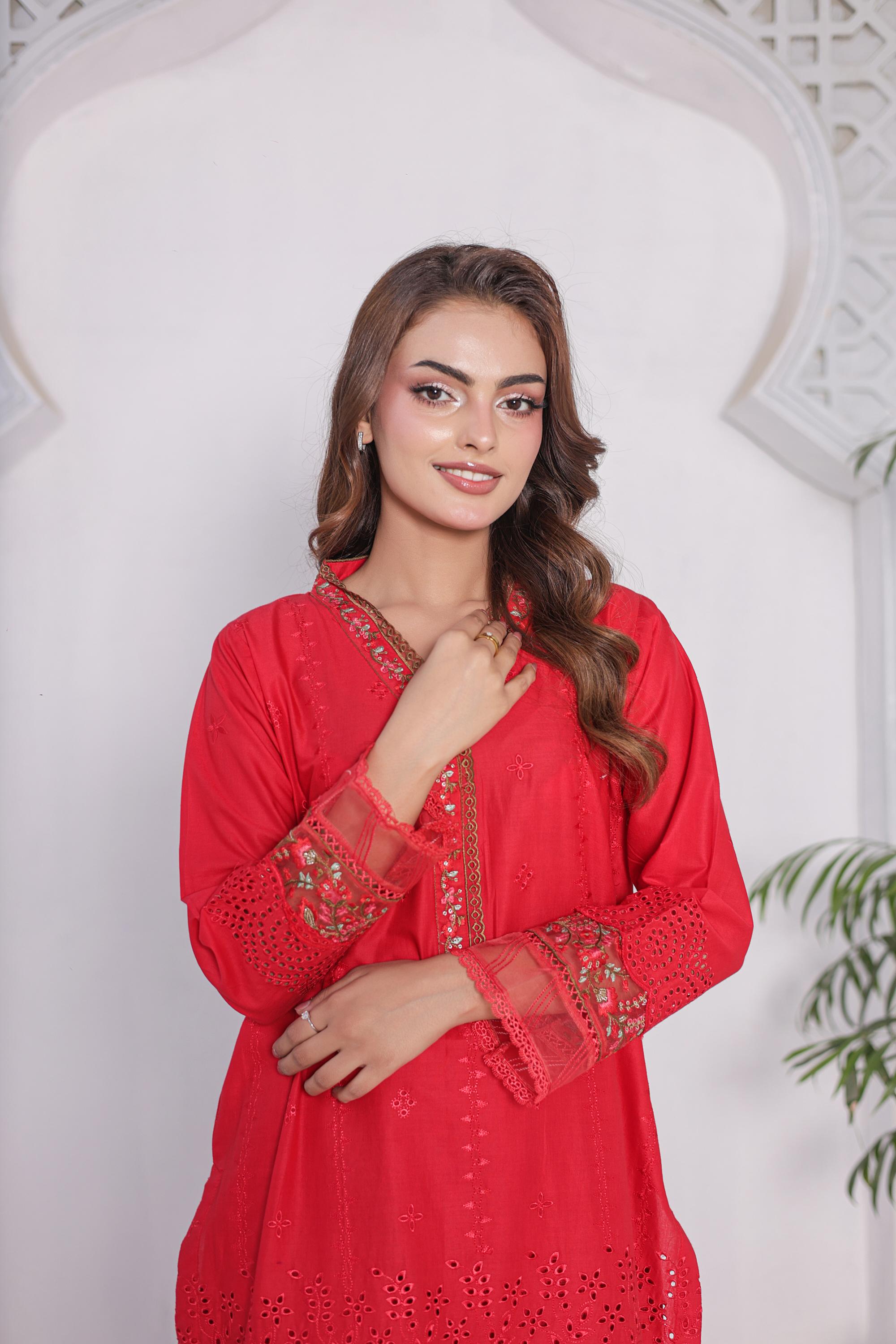 FECTN 114 2Pcs Embroidered Cotton suit shirt and trousers