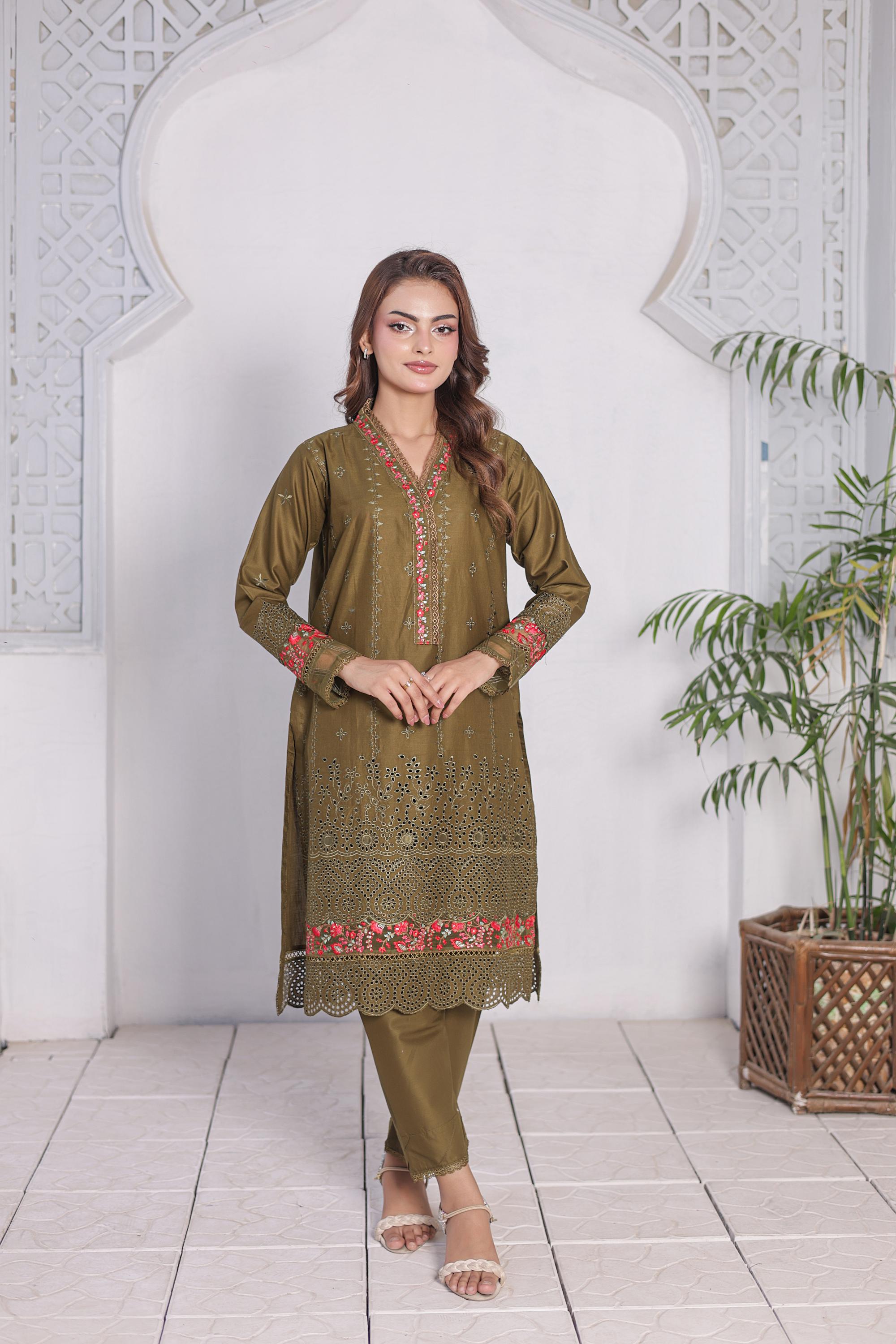 FECTN 114 2Pcs Embroidered Cotton suit shirt and trousers