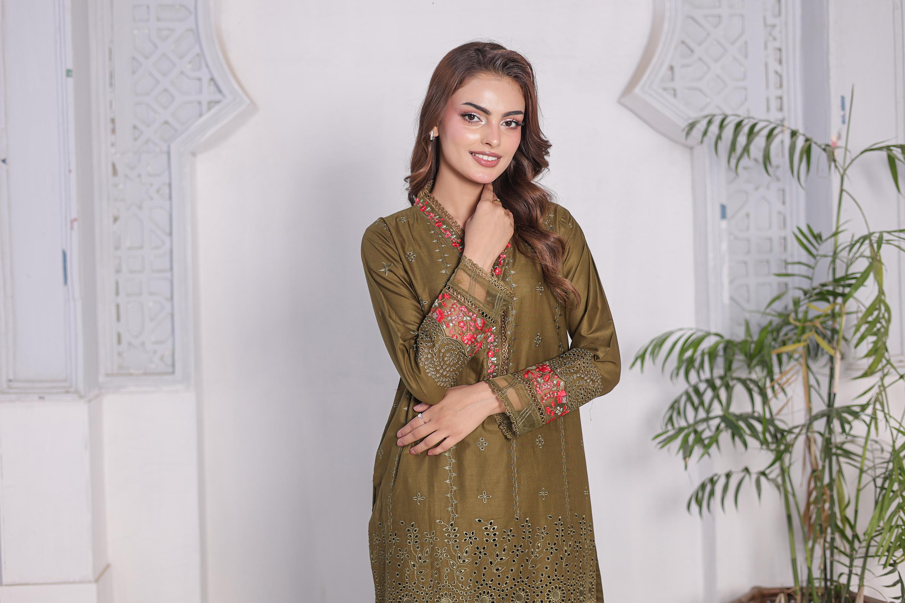 FECTN 114 2Pcs Embroidered Cotton suit shirt and trousers