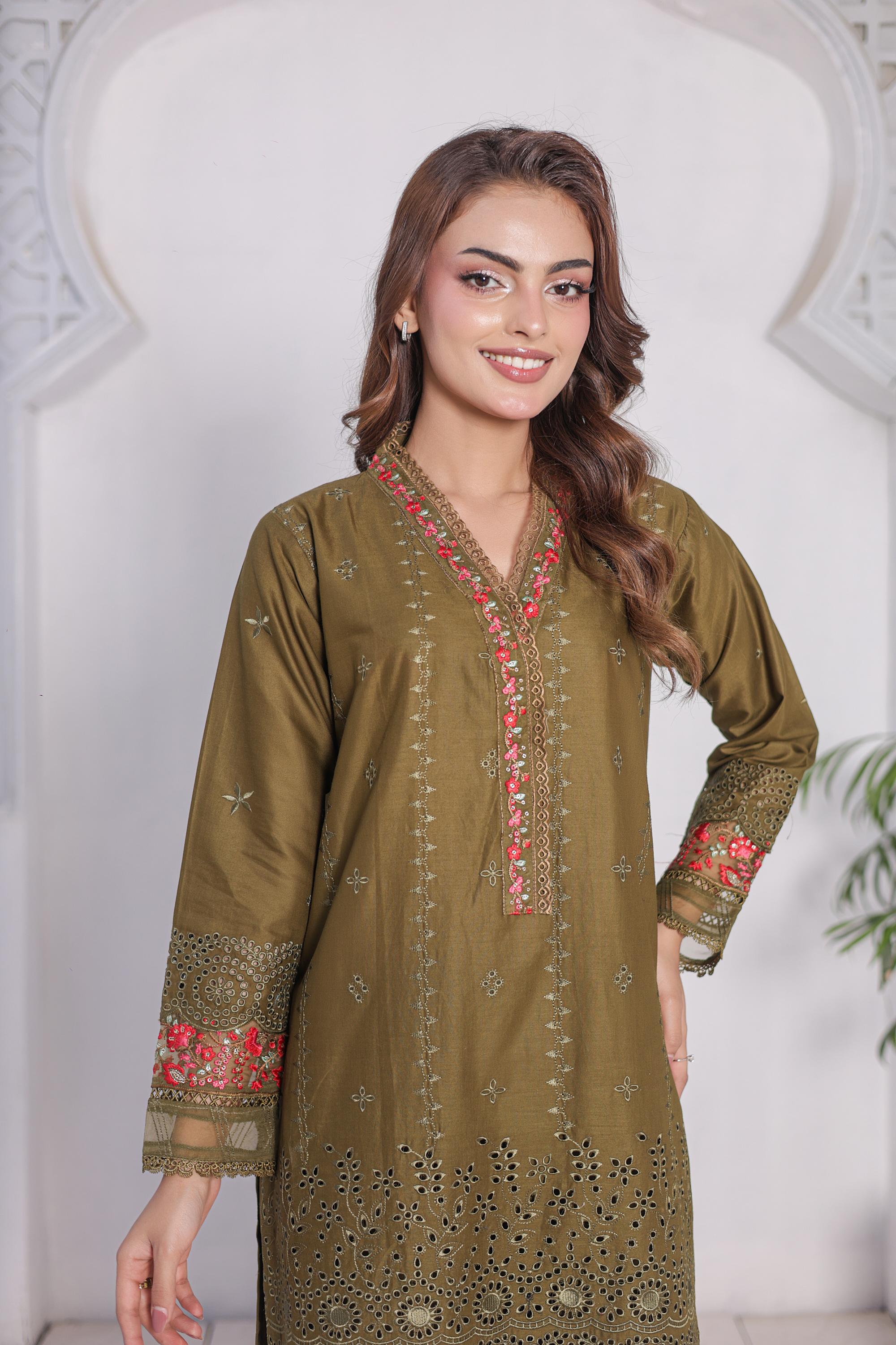 FECTN 114 2Pcs Embroidered Cotton suit shirt and trousers