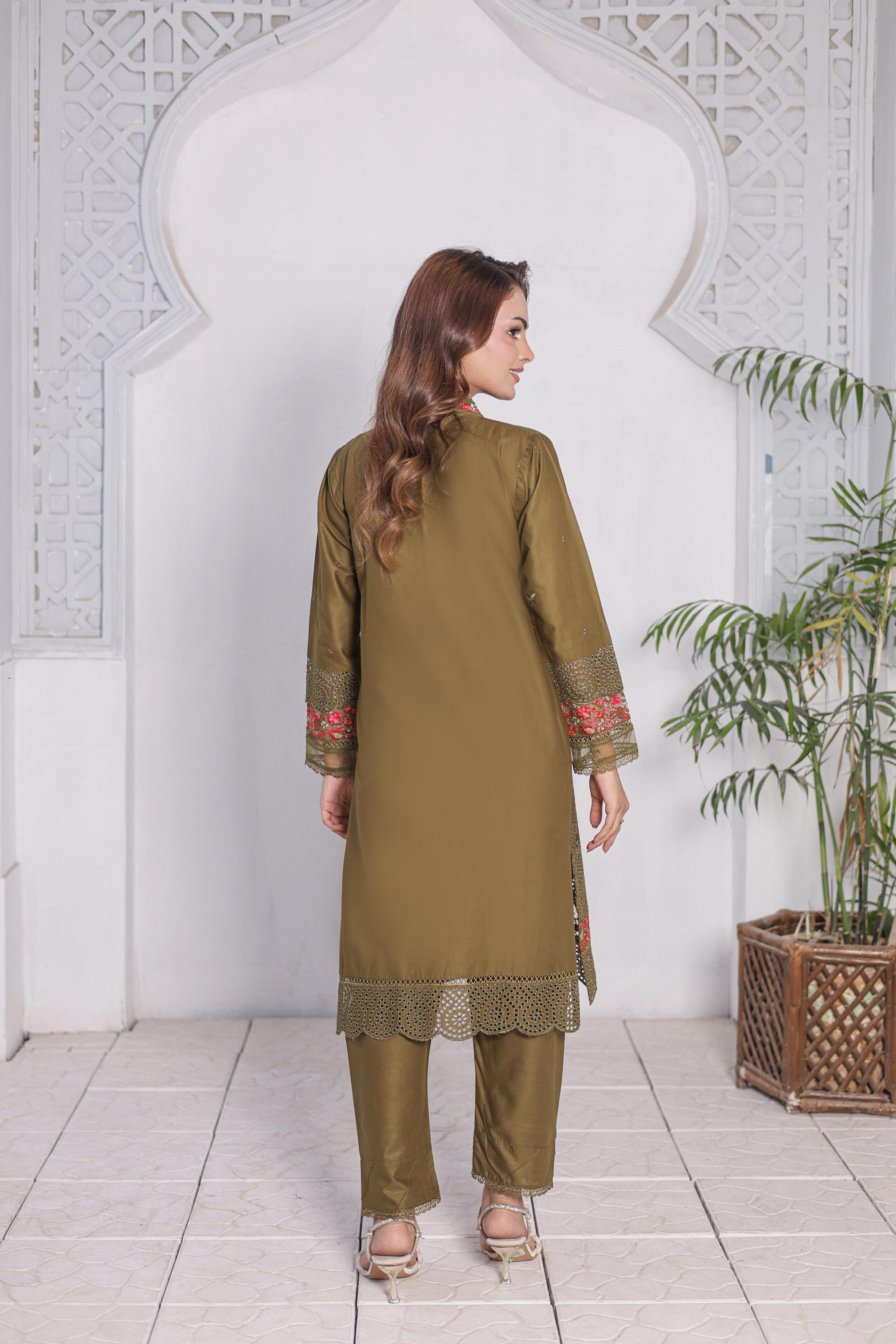 FECTN 114 2Pcs Embroidered Cotton suit shirt and trousers