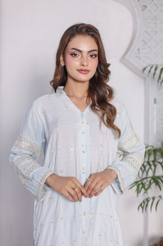 Sky Blue Embroidered SILK 2-Piece Suit – Premium Summer Lawn Set for Women