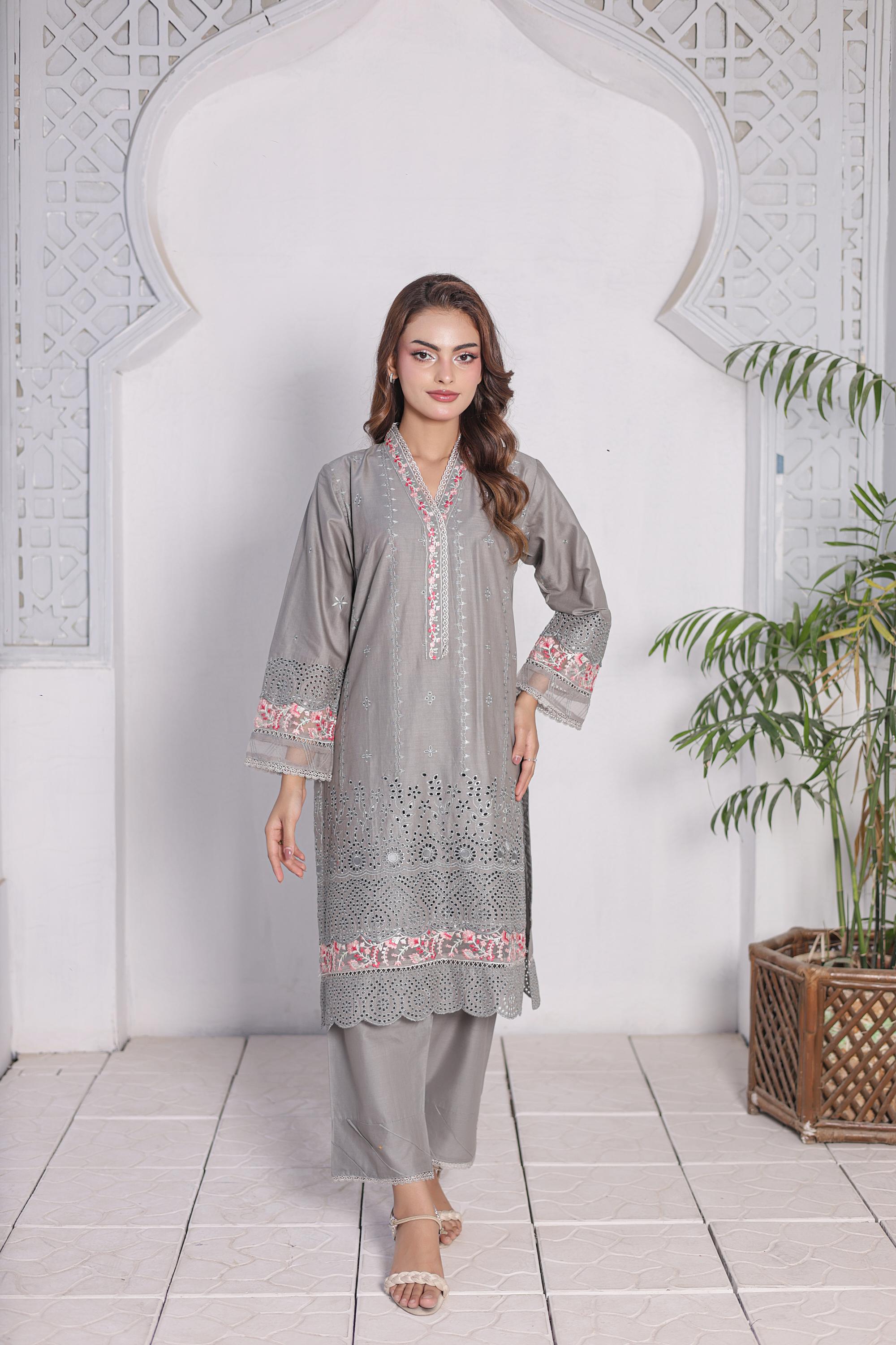 FECTN 114 2Pcs Embroidered Cotton suit shirt and trousers
