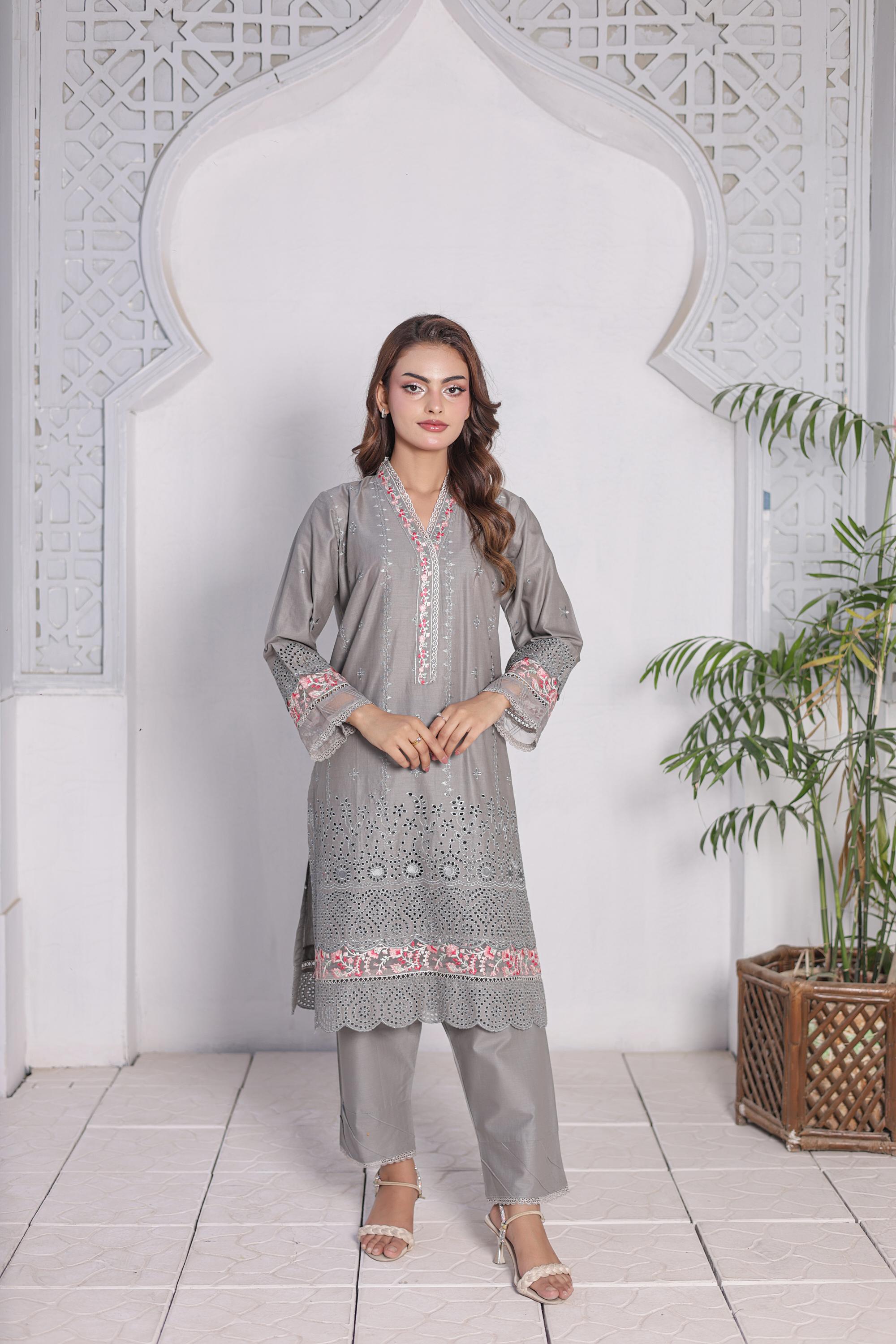 FECTN 114 2Pcs Embroidered Cotton suit shirt and trousers