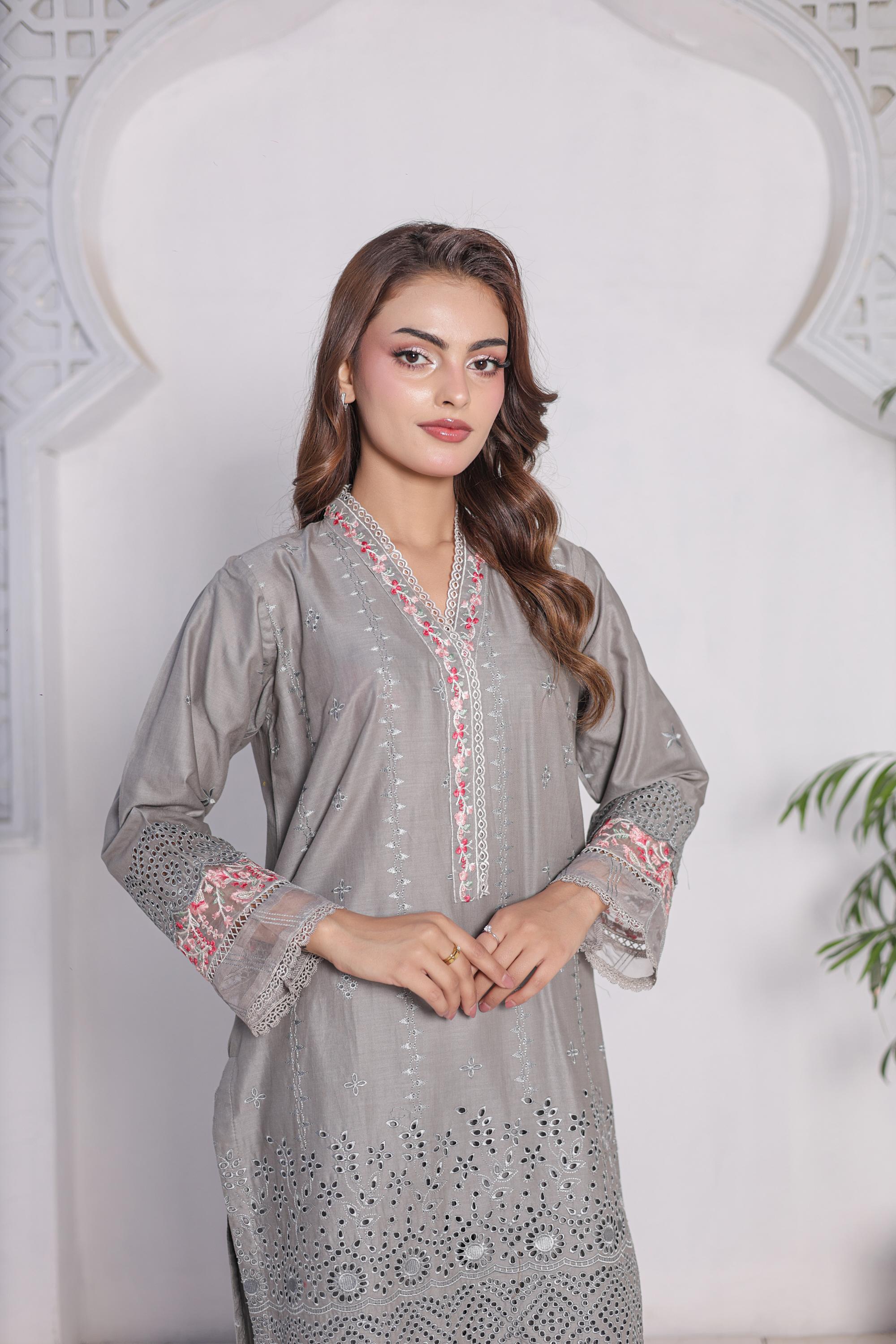 FECTN 114 2Pcs Embroidered Cotton suit shirt and trousers
