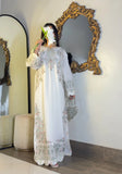 Ivory embroidered kaftan full-length view with scalloped embroidered hem