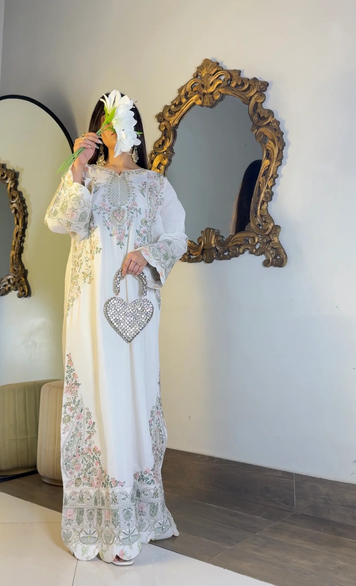 Ivory kaftan back and side drape view showing floral embroidery panels