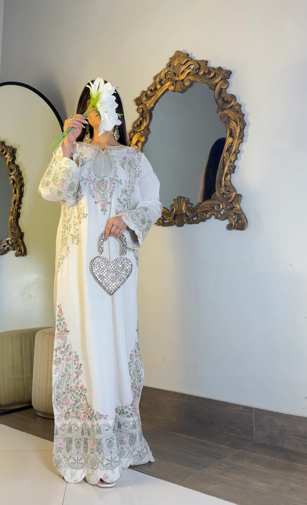 Ivory kaftan back and side drape view showing floral embroidery panels