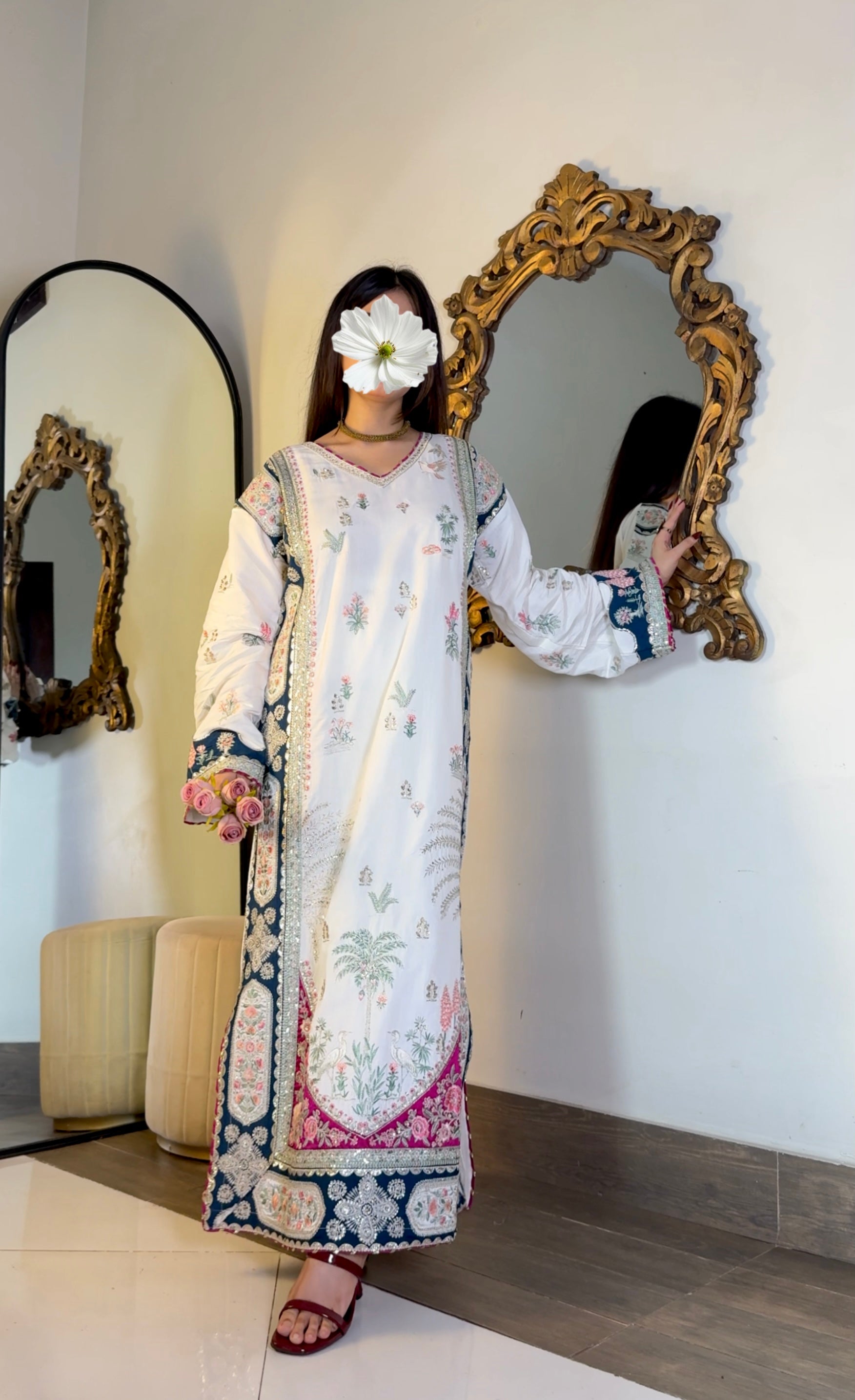 Ivory kaftan navy embroidered sleeve with floral and bird motif