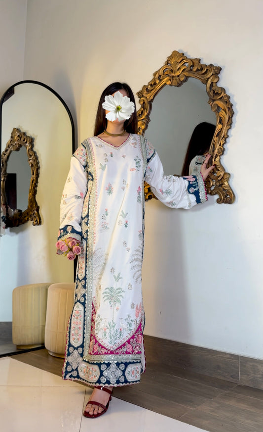 Ivory kaftan navy embroidered sleeve with floral and bird motif