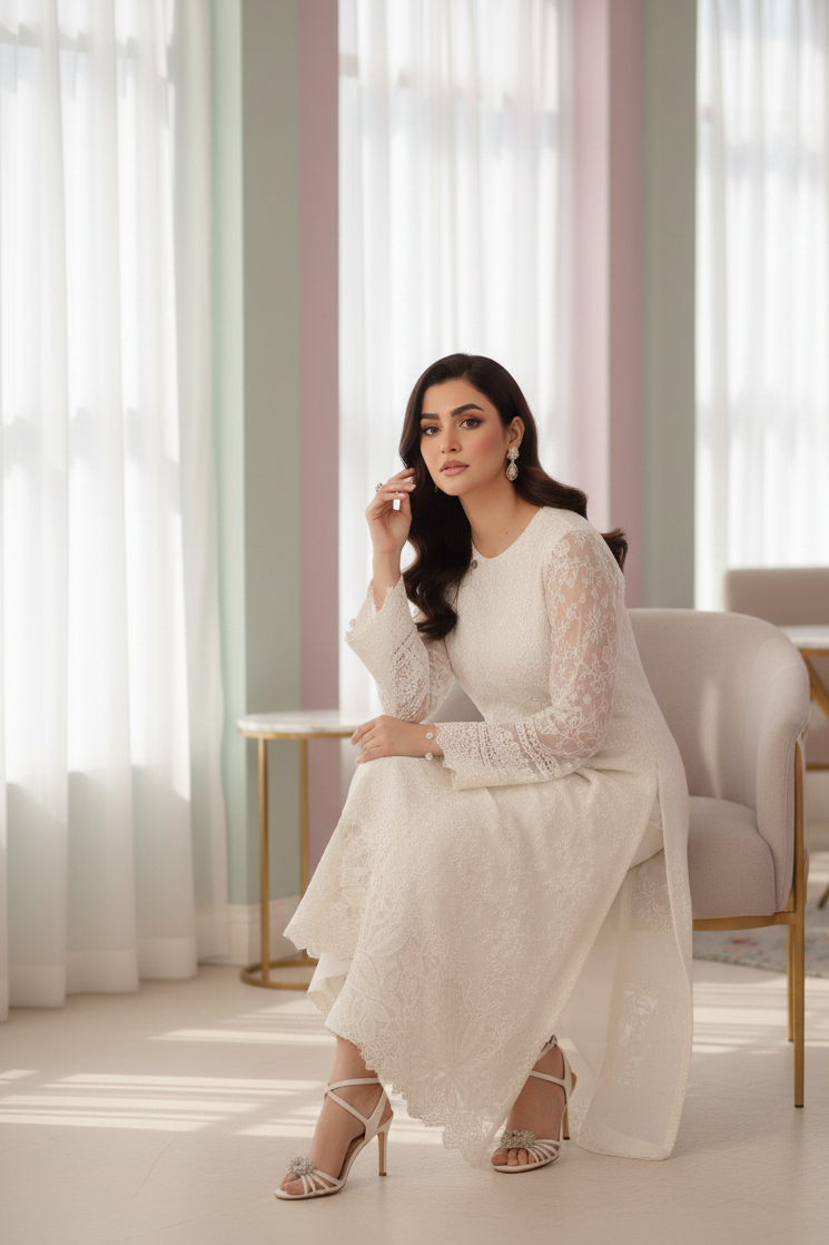 Moonlit Elegance stitched pastel‑white chiffon 3‑piece suit with sequin embroidery
