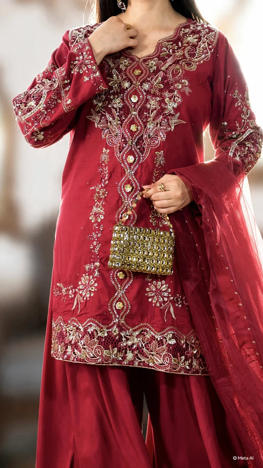 Qirmiz maroon chikankari viscose short shirt with palazzo and net dupatta