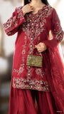 Qirmiz maroon chikankari viscose short shirt with palazzo and net dupatta