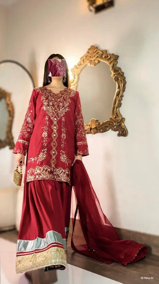 Close-up of chikankari cutwork and heavy sleeve embroidery on Qirmiz maroon shirt