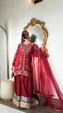Full-length Qirmiz maroon 3-piece with lace-edged embroidered net dupatta