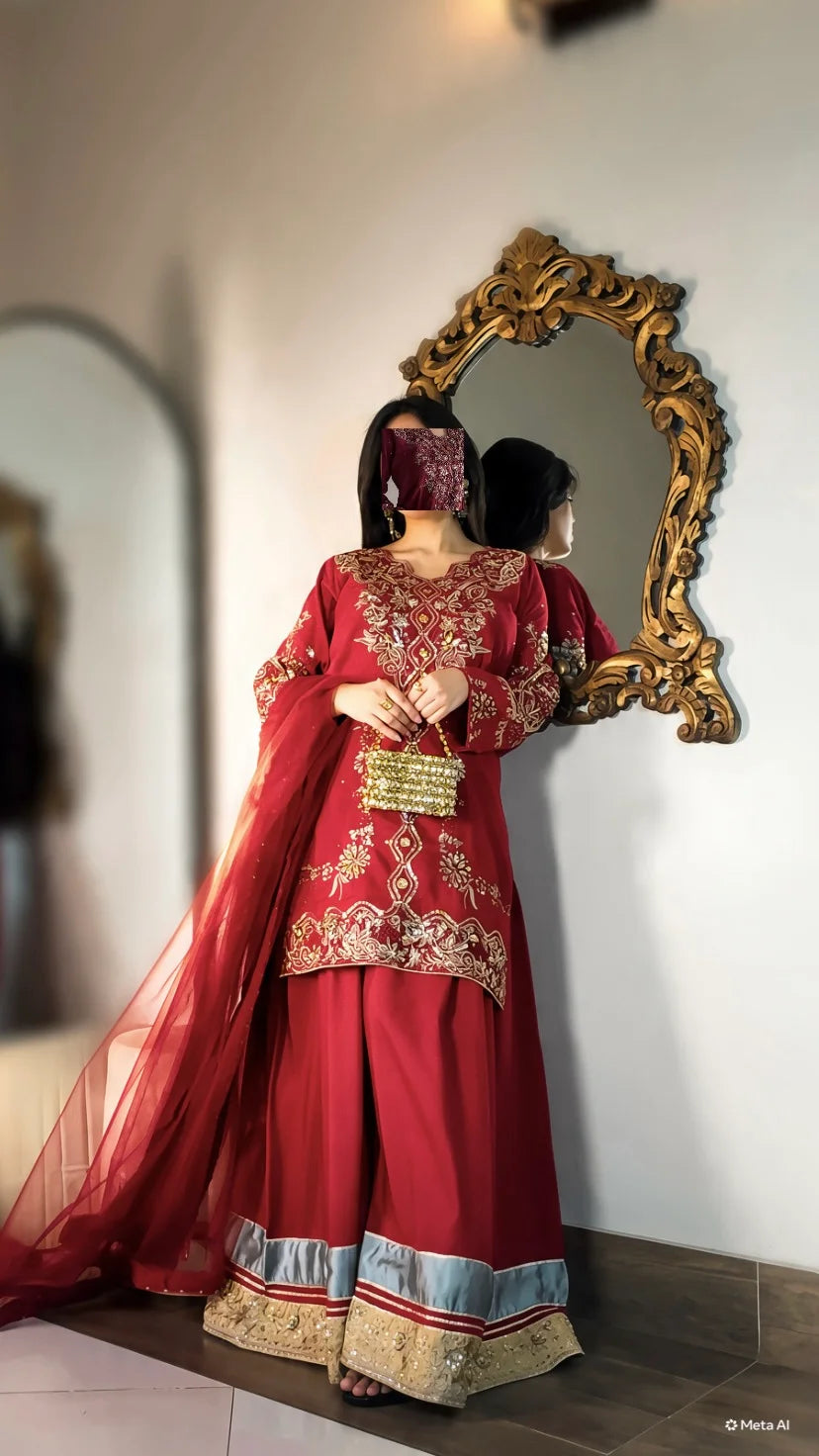 Qirmiz maroon palazzo suit styled for wedding guest look
