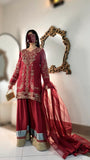 Embroidered border detail on Qirmiz maroon viscose palazzo