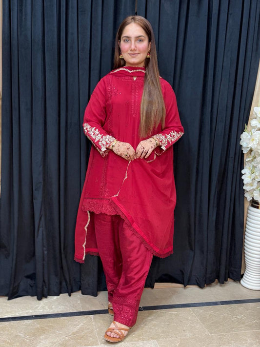 Royal Crimson – Embroidered Red Farshi Shalwar Suit (3-Piece)