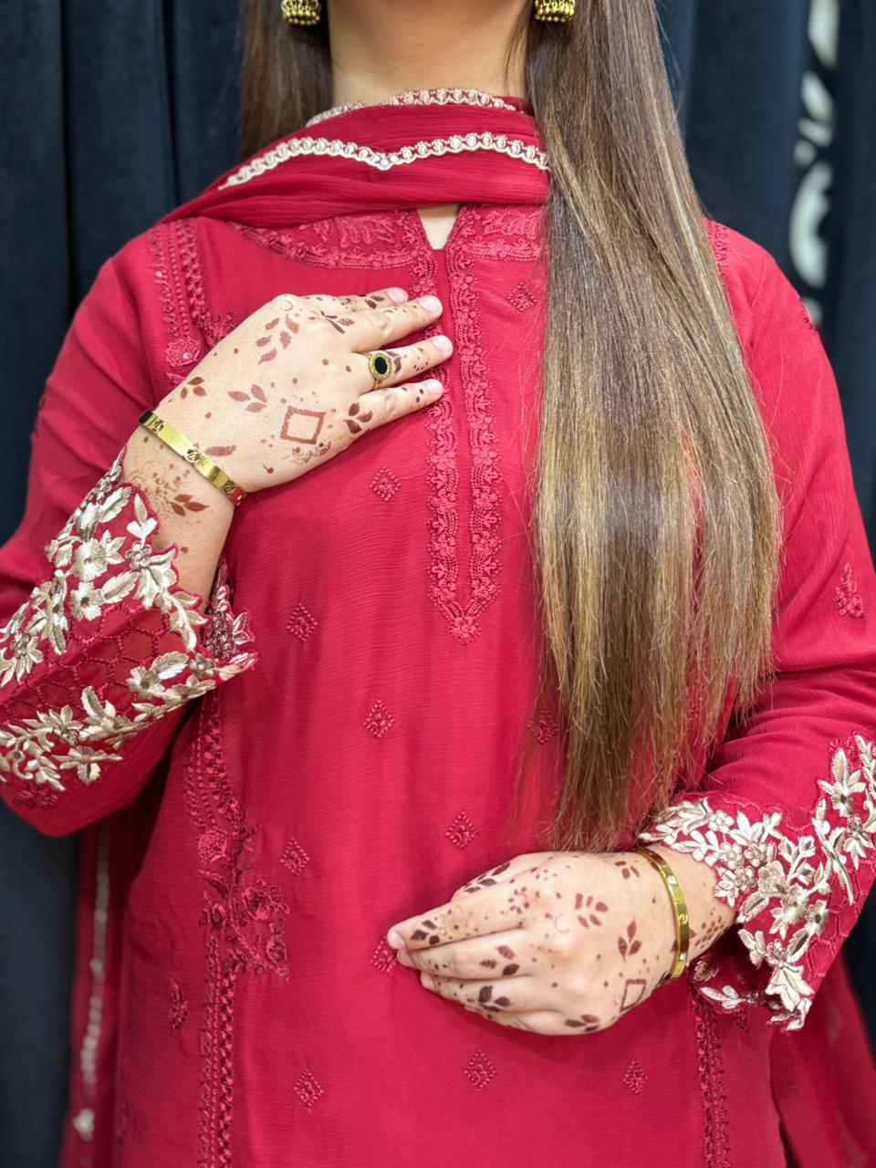 Royal Crimson – Embroidered Red Farshi Shalwar Suit (3-Piece)