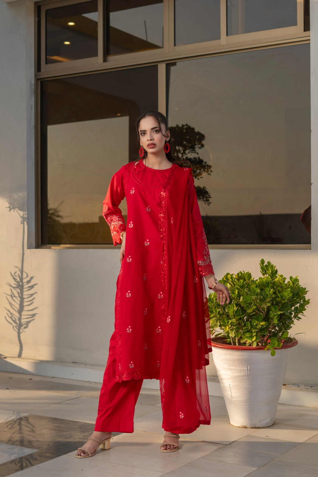 Noor-e-Zard Luxury Red Embroidered Cotton 3-Piece Suit – Eid Festive Collection by Fabric Emporium