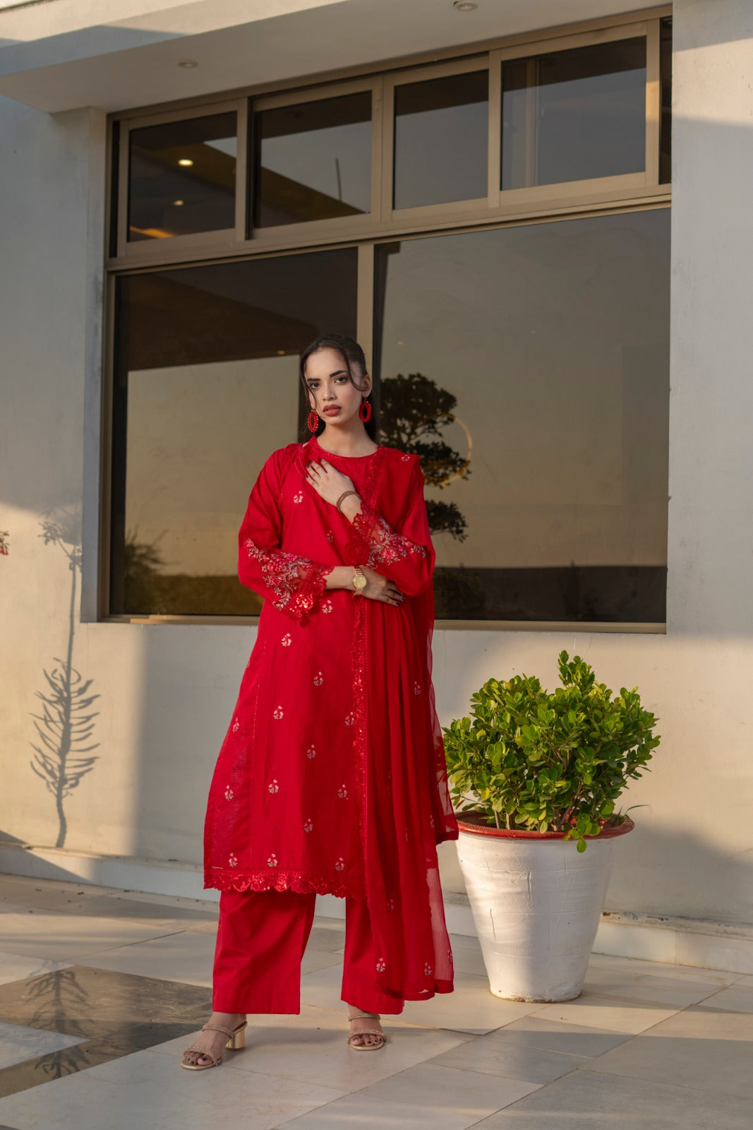 Noor-e-Zard Luxury Red Embroidered Cotton 3-Piece Suit – Eid Festive Collection by Fabric Emporium