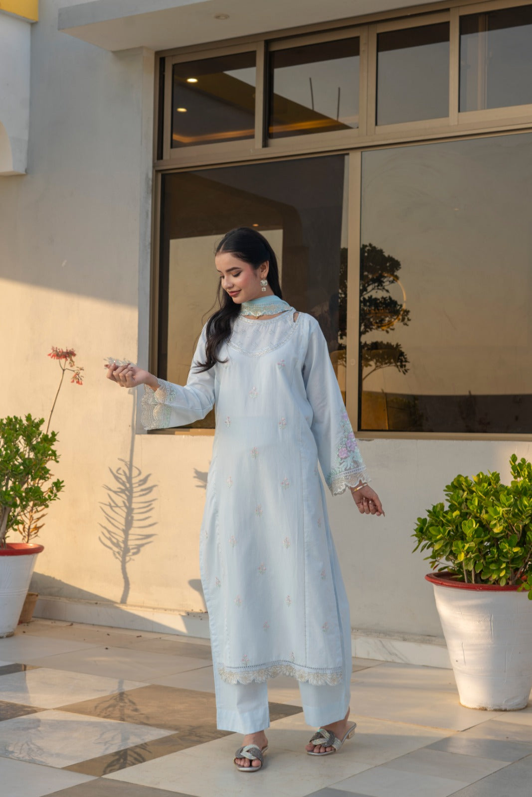 Noor-e-Zard Sky Blue Embroidered Cotton 3-Piece Suit – Elegant Eid Festive Wear by Fabric Emporium