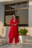 Noor-e-Zard Luxury Red Embroidered Cotton 3-Piece Suit – Eid Festive Collection by Fabric Emporium