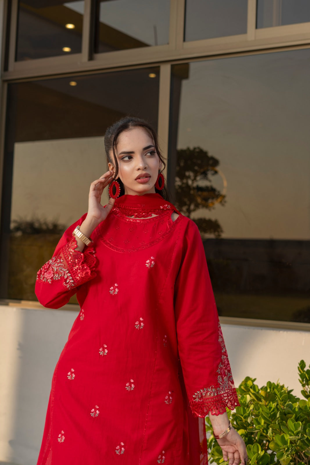 Noor-e-Zard Luxury Red Embroidered Cotton 3-Piece Suit – Eid Festive Collection by Fabric Emporium