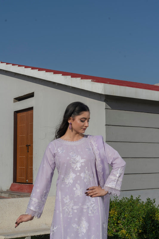 Zarif Embroidered Lilac Cotton Ensemble  3 PCS