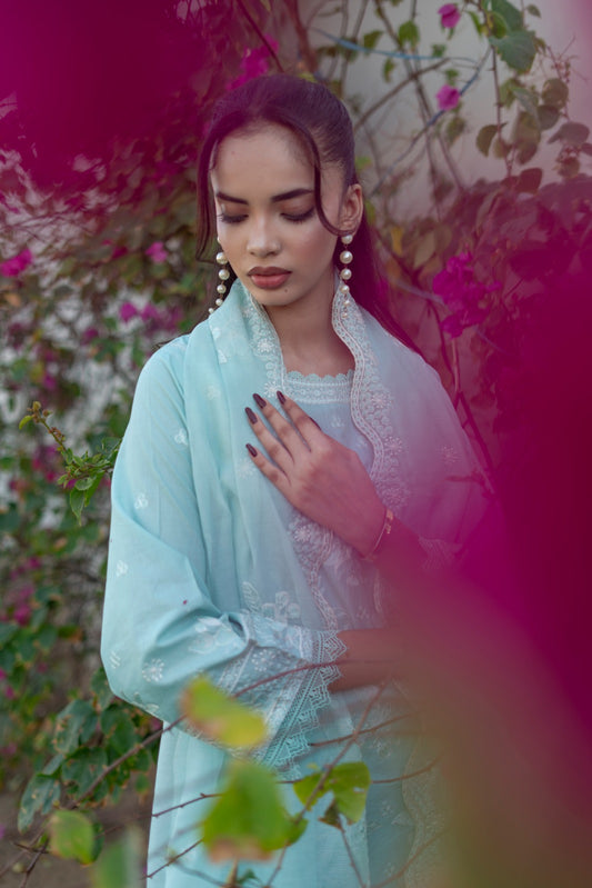 Zarif Embroidered Mint Cotton Ensemble  3 PCS