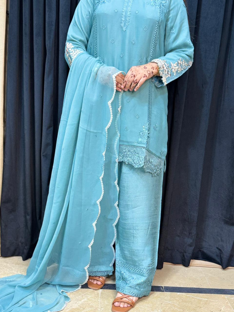 Festive Royale – Zareen Mist | Teal Grey Farshi Shalwar 3-Piece Suit