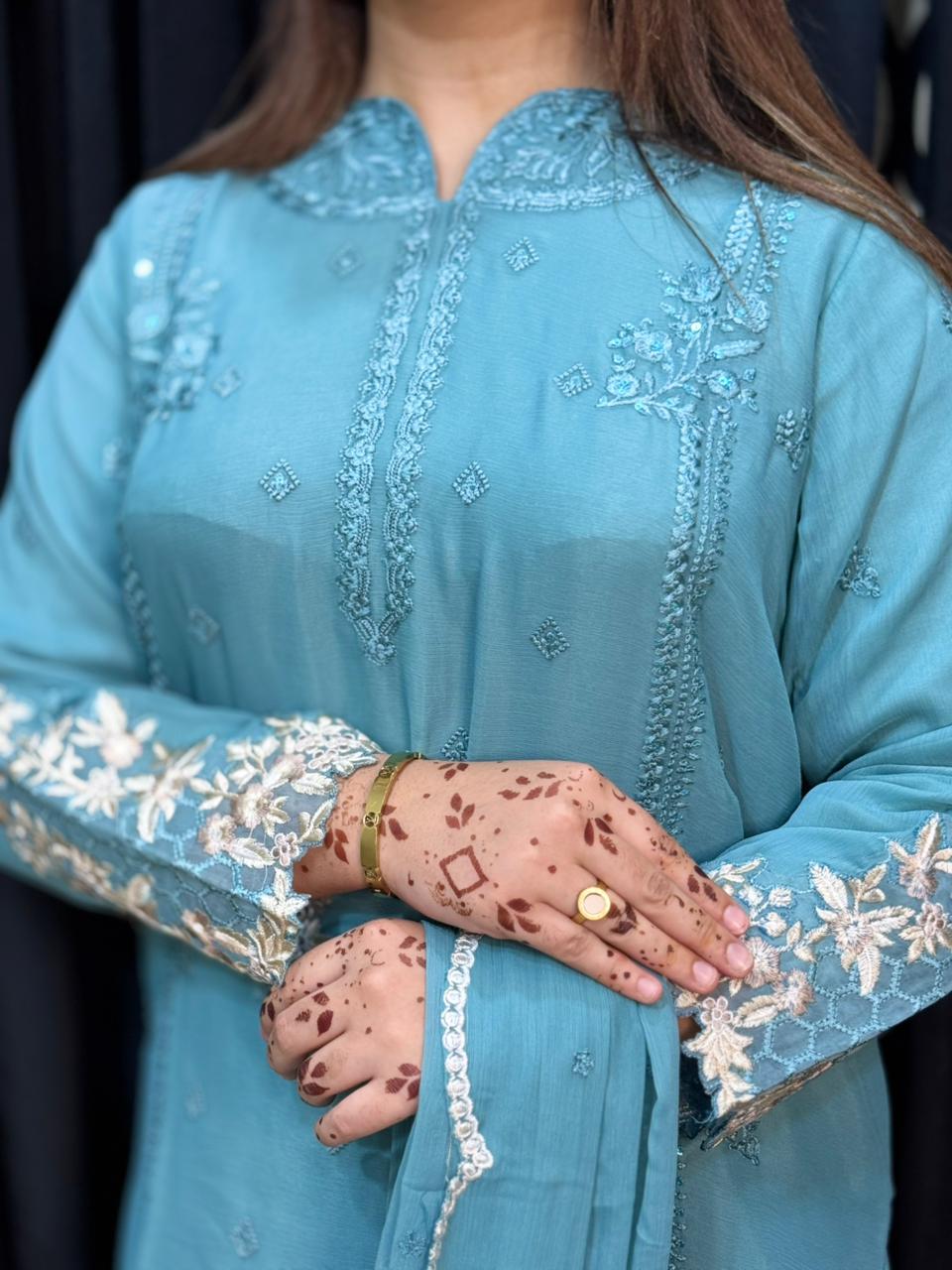 Festive Royale – Zareen Mist | Teal Grey Farshi Shalwar 3-Piece Suit