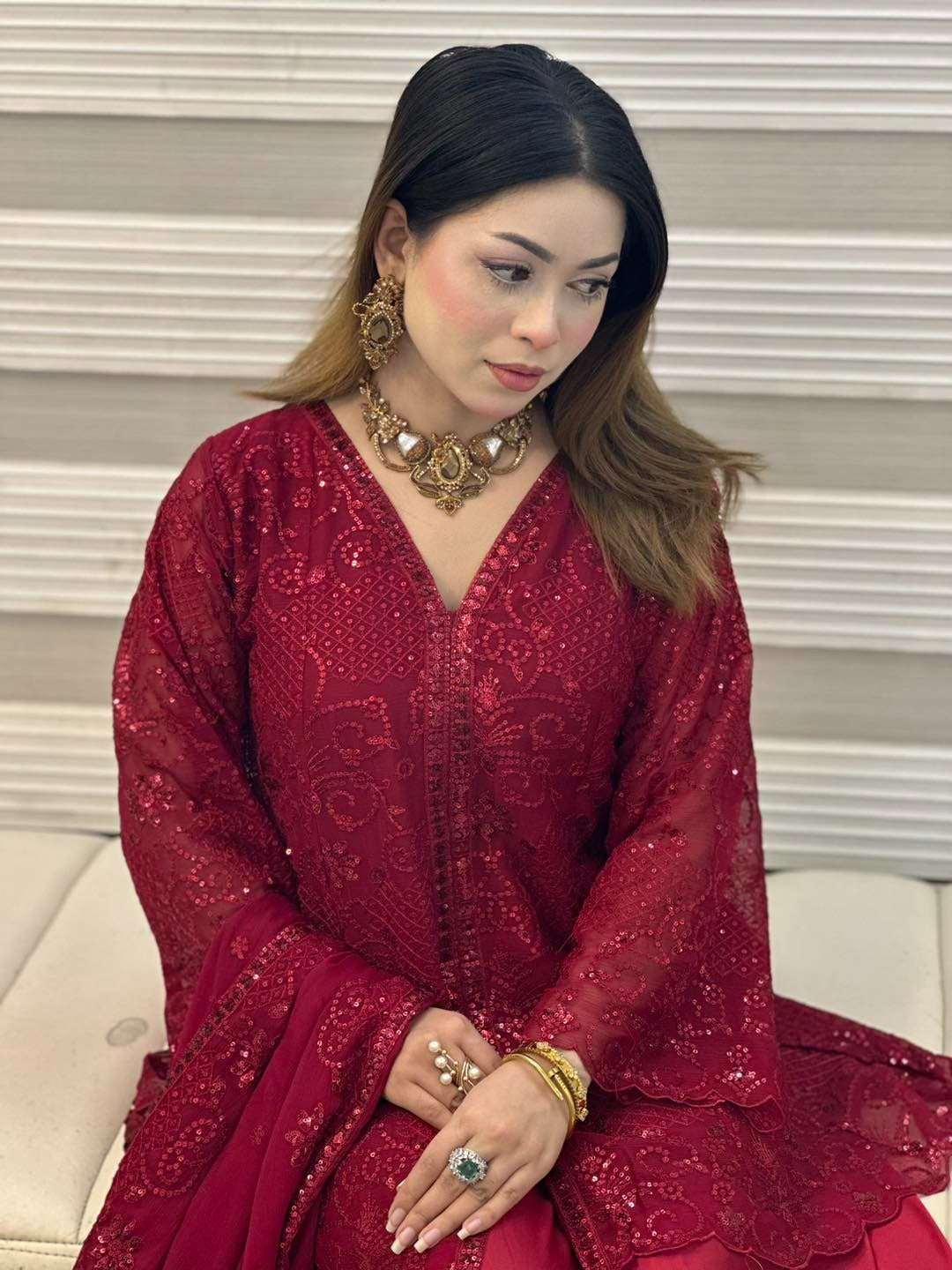 Noir Luxe – Red Heavy Embroidered Chiffon 3 Piece Suit