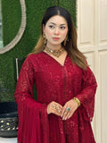 Noir Luxe – Red Heavy Embroidered Chiffon 3 Piece Suit