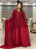 Noir Luxe – Red Heavy Embroidered Chiffon 3 Piece Suit