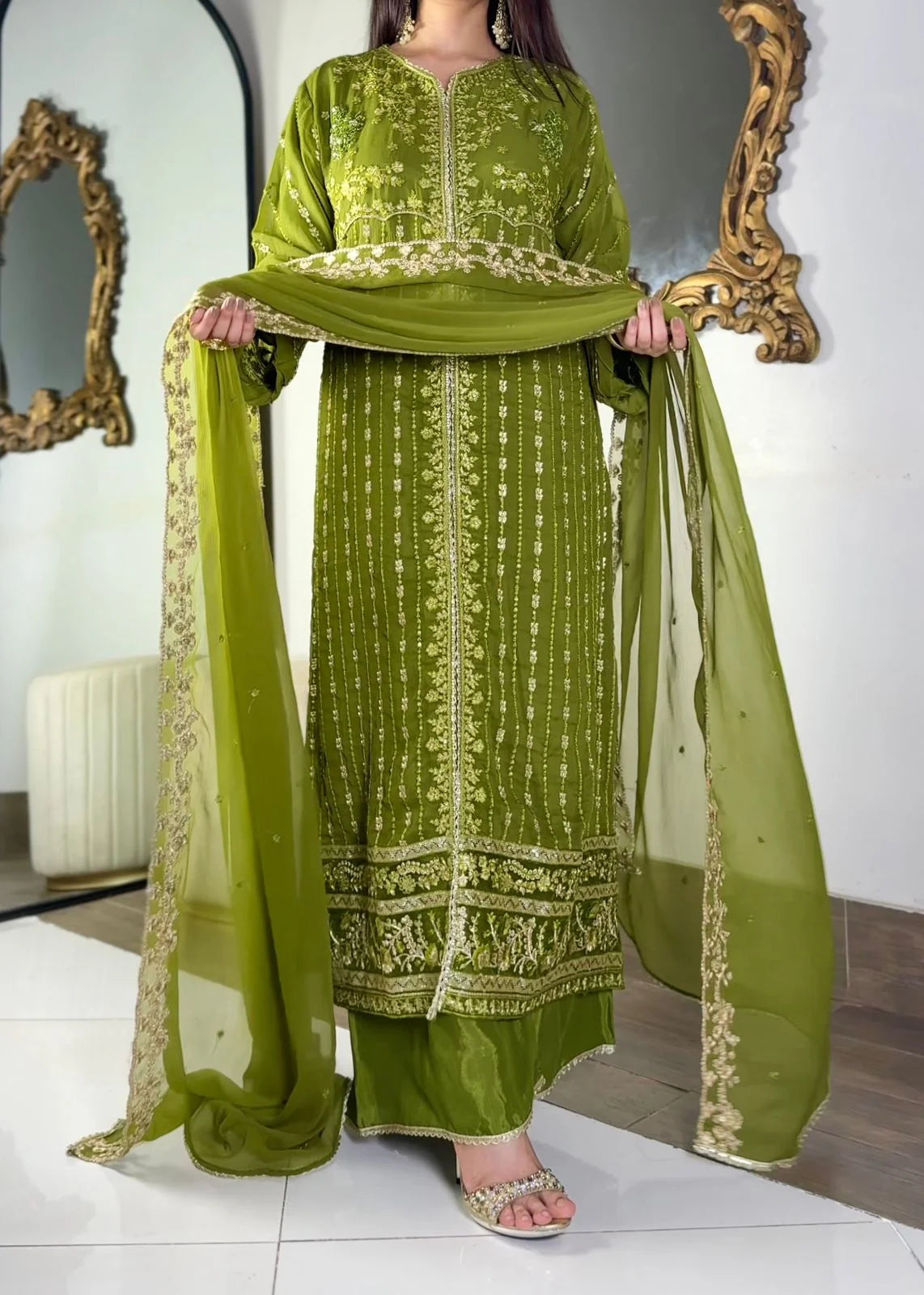 Aura Luxe Olive Chiffon 3-Piece Suit – Elegant Sequins Formal Wear