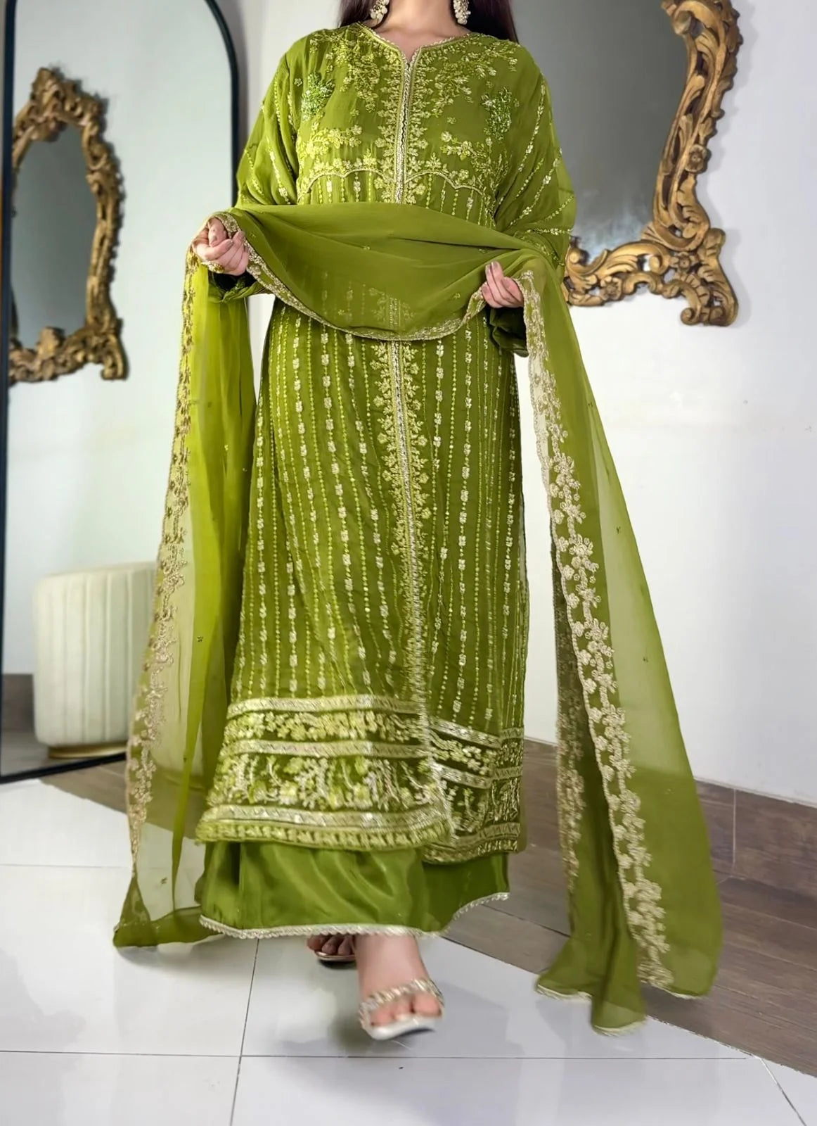 Aura Luxe Olive Chiffon 3-Piece Suit – Elegant Sequins Formal Wear