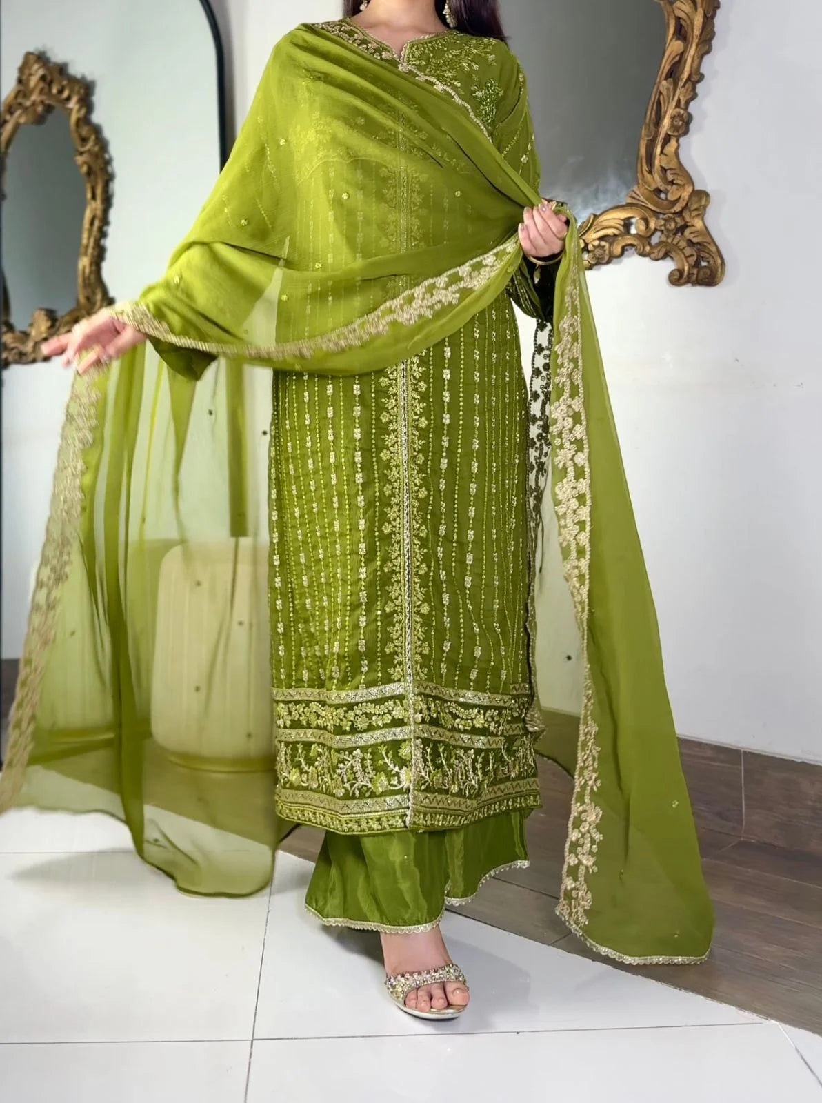 Aura Luxe Olive Chiffon 3-Piece Suit – Elegant Sequins Formal Wear