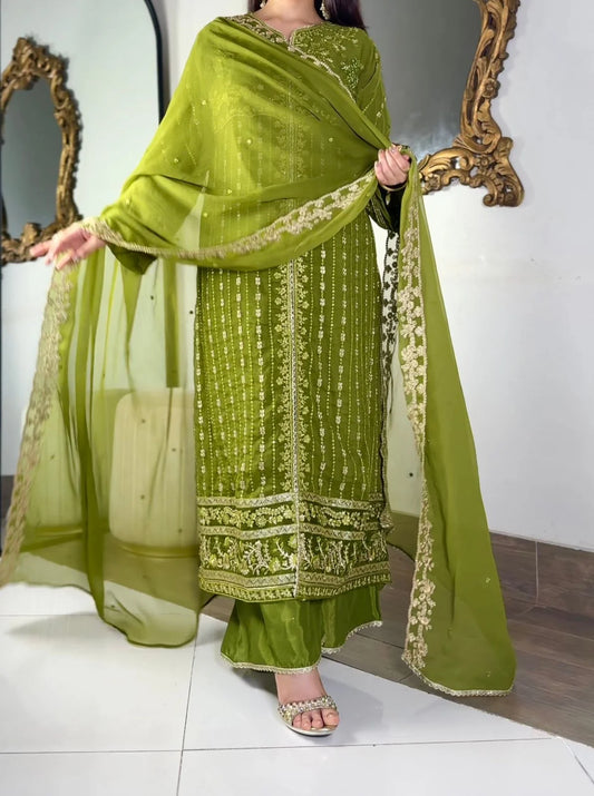 Aura Luxe Olive Chiffon 3-Piece Suit – Elegant Sequins Formal Wear
