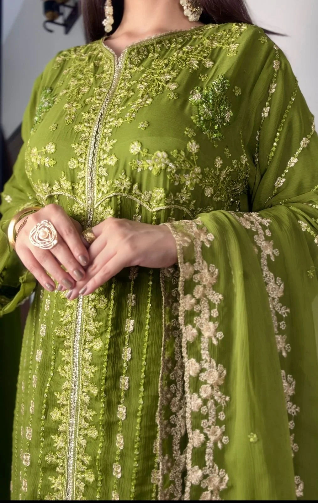 Aura Luxe Olive Chiffon 3-Piece Suit – Elegant Sequins Formal Wear