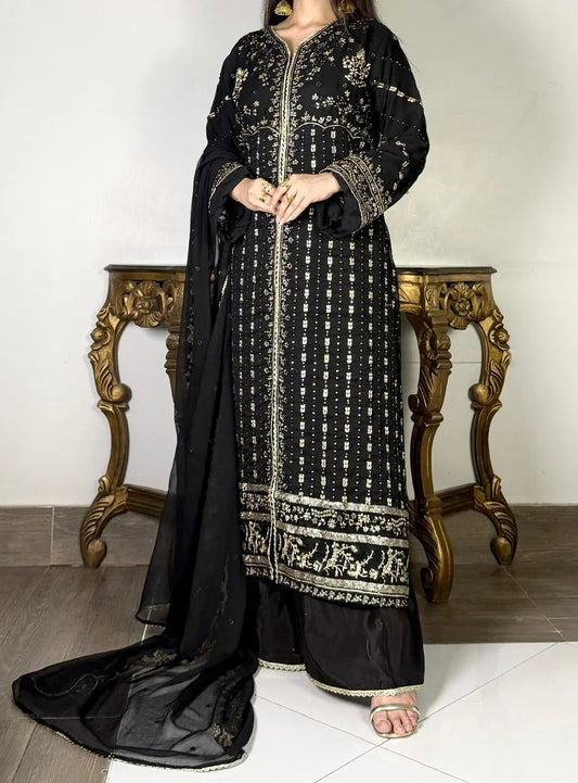 Aura Luxe Black Chiffon 3-Piece Suit – Sequins Embroidered Formal Dress