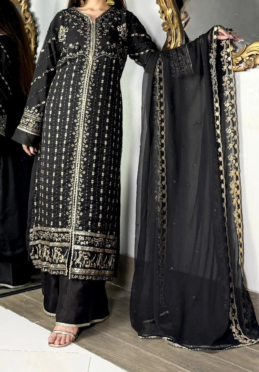 Aura Luxe Black Chiffon 3-Piece Suit – Sequins Embroidered Formal Dress