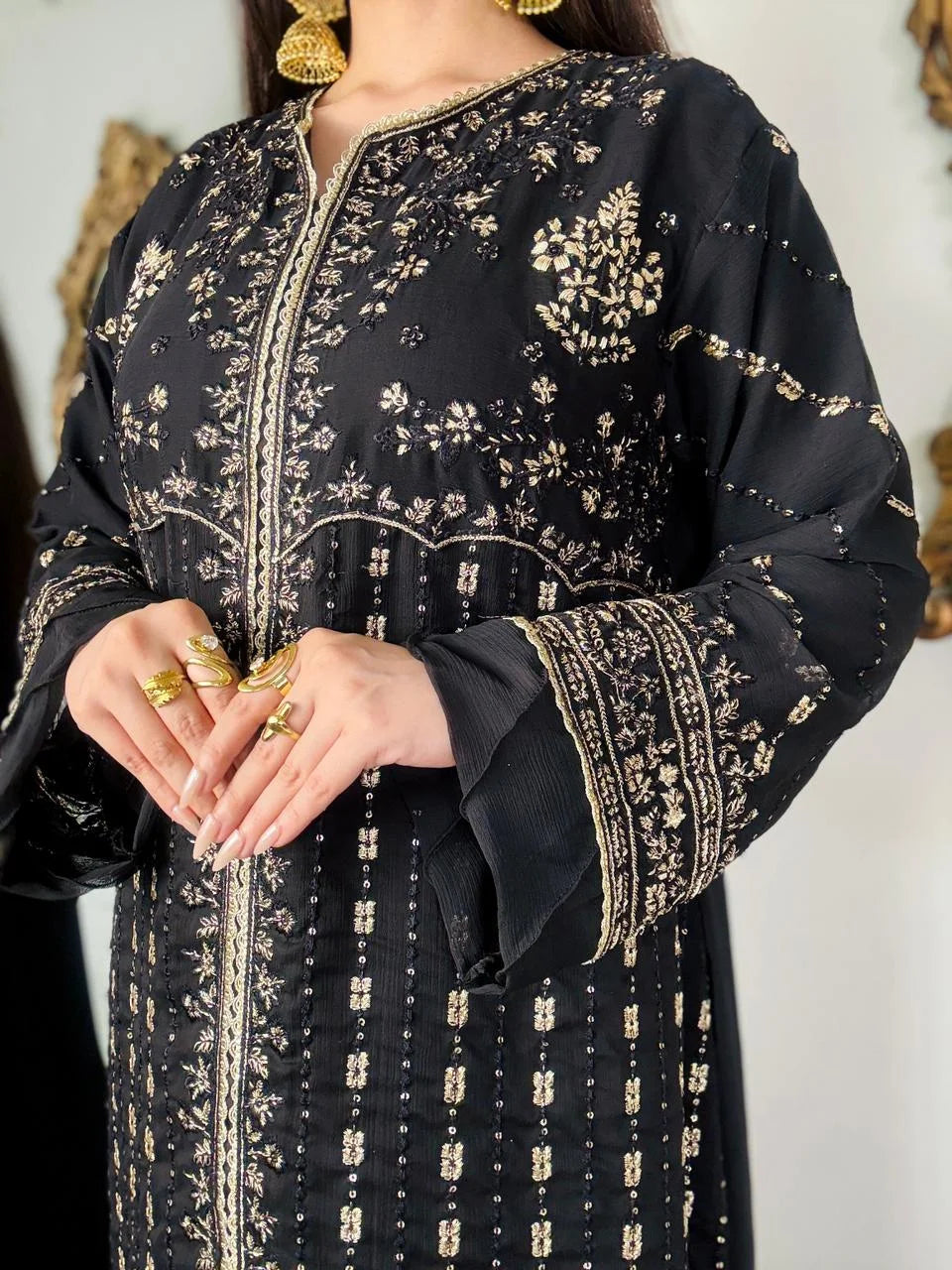 Aura Luxe Black Chiffon 3-Piece Suit – Sequins Embroidered Formal Dress