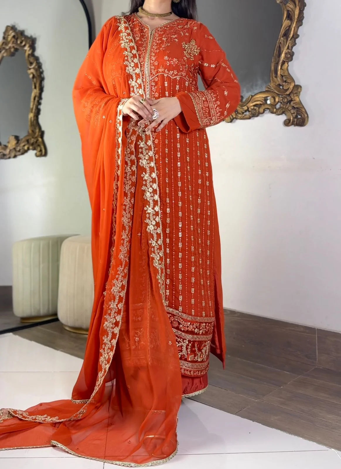 Aura Luxe Rust Chiffon 3-Piece Suit – Warm Tone Sequins Embroidered Dress