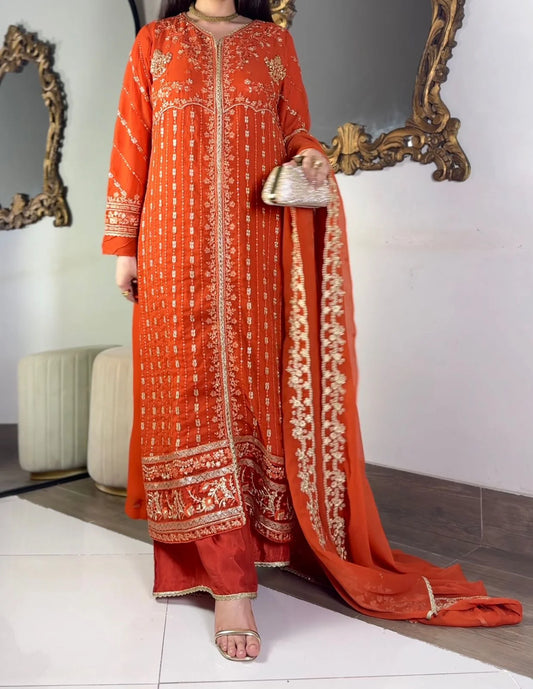 Aura Luxe Rust Chiffon 3-Piece Suit – Warm Tone Sequins Embroidered Dress
