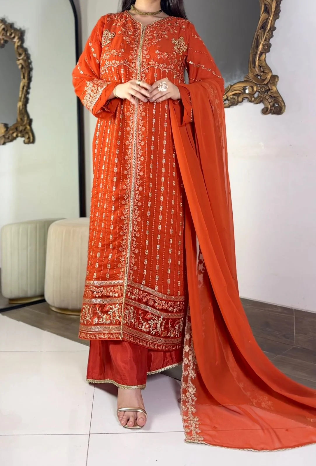 Aura Luxe Rust Chiffon 3-Piece Suit – Warm Tone Sequins Embroidered Dress