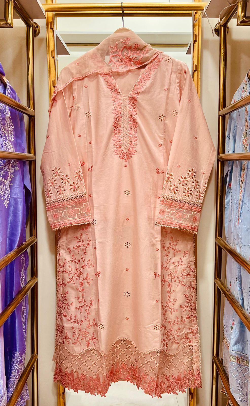 Zaria Mist Peach – Embroidered Cotton 3-Piece Suit with Chiffon Dupatta