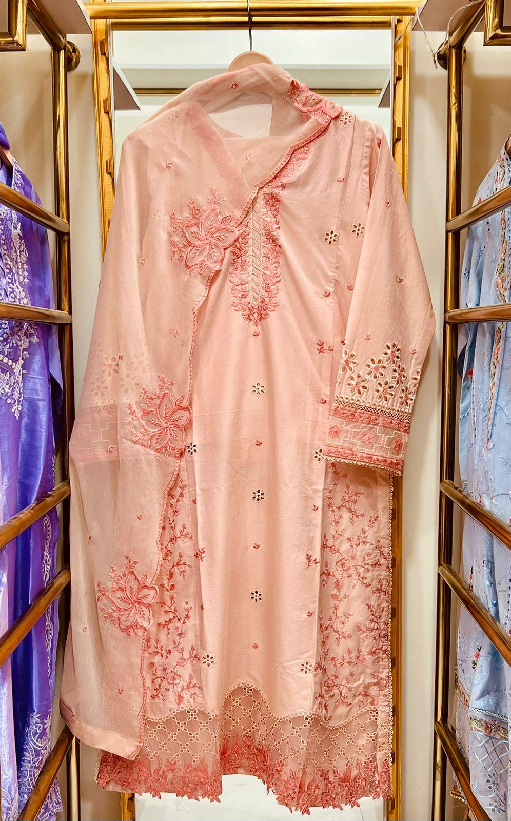 Zaria Mist Peach – Embroidered Cotton 3-Piece Suit with Chiffon Dupatta