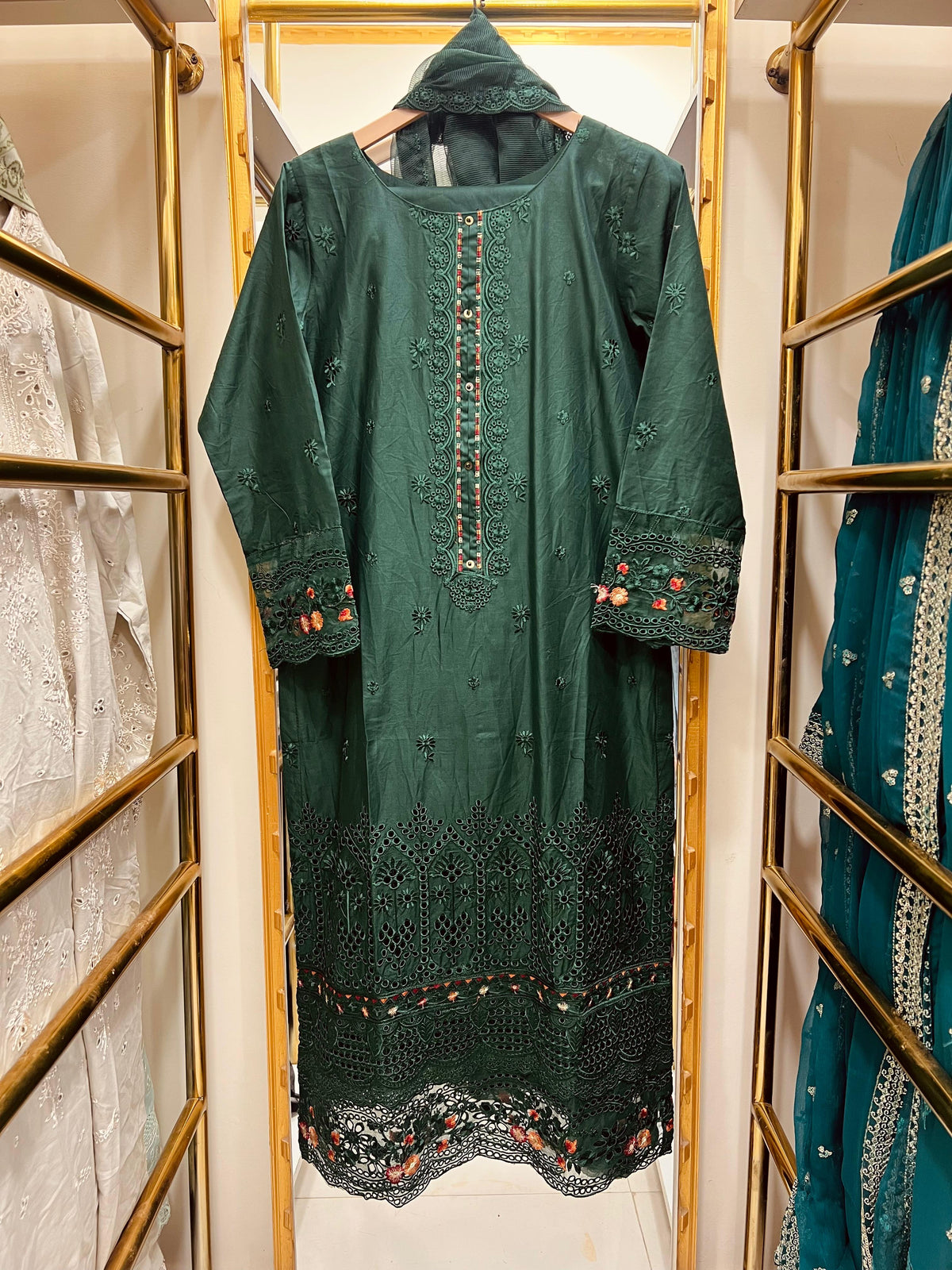 Elaya Green– Embroidered Cotton 3-Piece Suit with Chiffon Dupatta